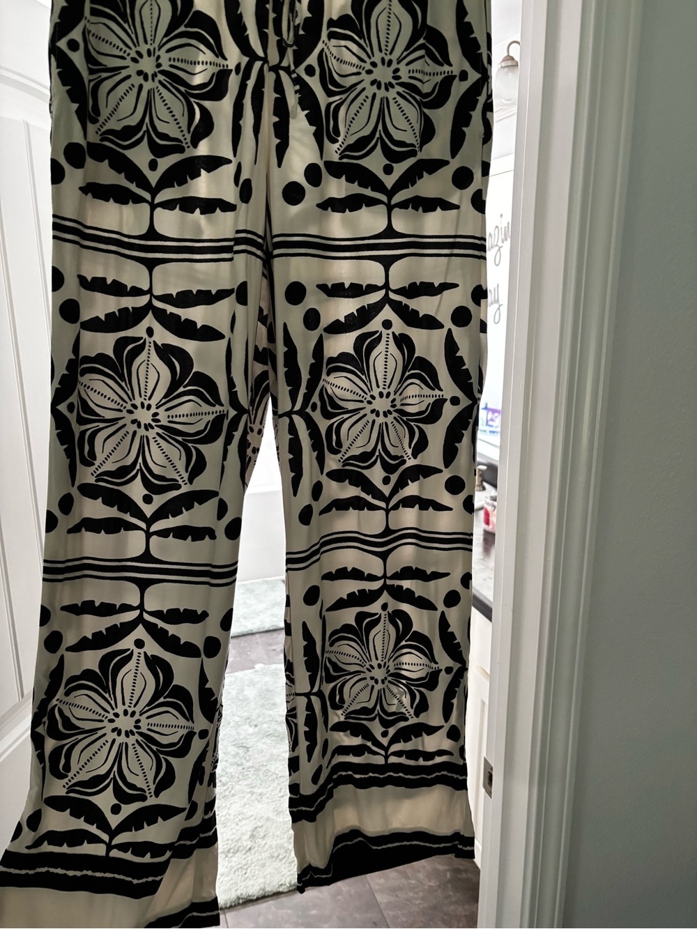 H&M Cream and Black Maxi Wide-Leg Pants with Graphic Tile Print